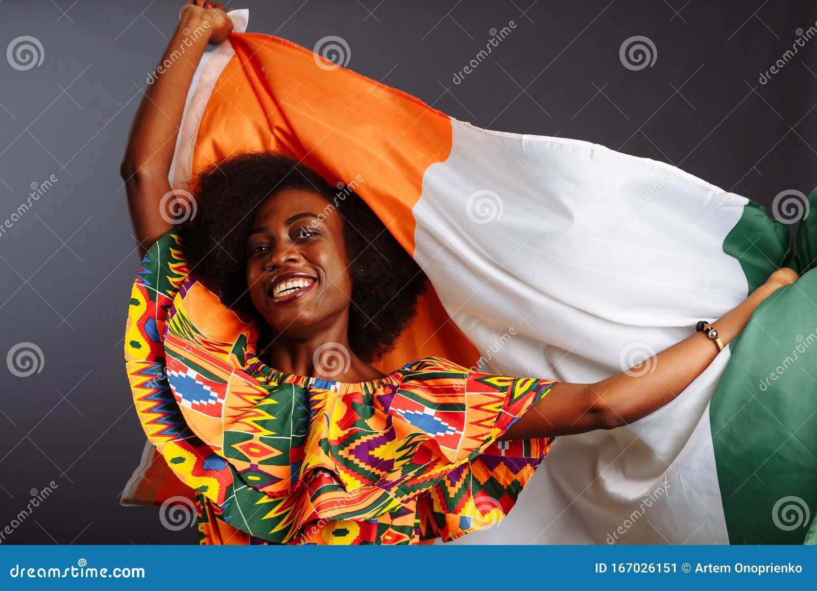 Happy African Woman in National Clothes Smiling and Posing with a Flag Ivory  Coast, C Te D`Ivoire Isolated Over a Gray Stock Image - Image of people,  female: 167026151