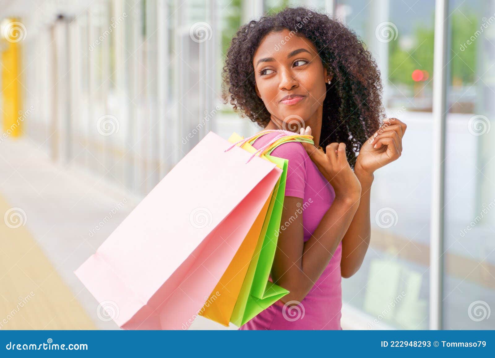 Happy Afro Woman Walking and Shopping in the City Stock Image - Image ...