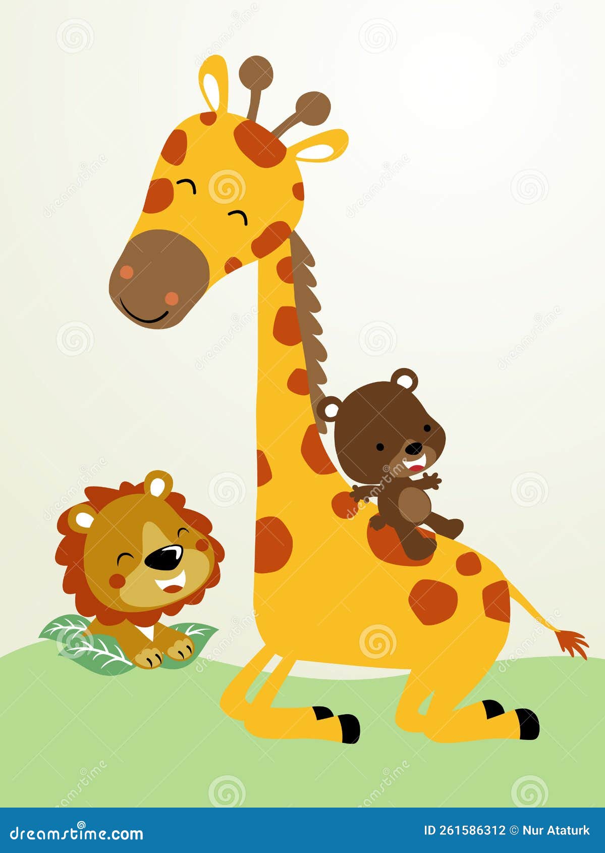 Happy Animals Cartoon, Little Bear Slide Down on Giraffes Neck, Lion