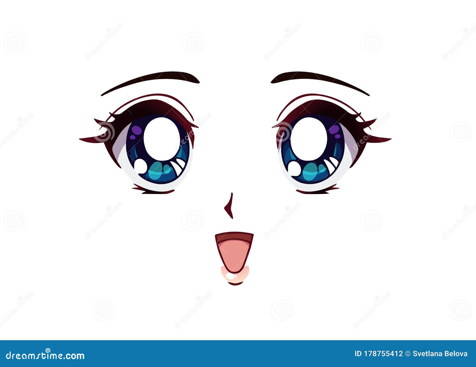 Happy Anime Face. Manga Style Big Blue Eyes, Little Nose And Kawaii Mouth.  Hand Drawn Vector Illustration. Isolated On White. Royalty Free SVG,  Cliparts, Vectors, and Stock Illustration. Image 148728907.