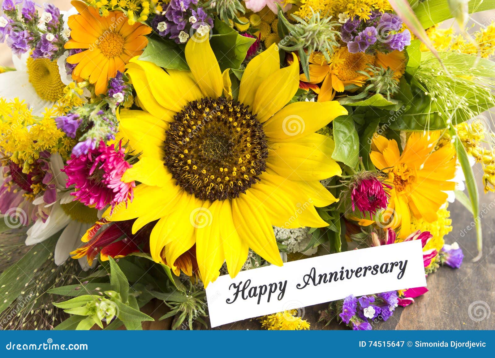 Happy Anniversary Card with Bouquet of Summer Flowers Stock Image ...