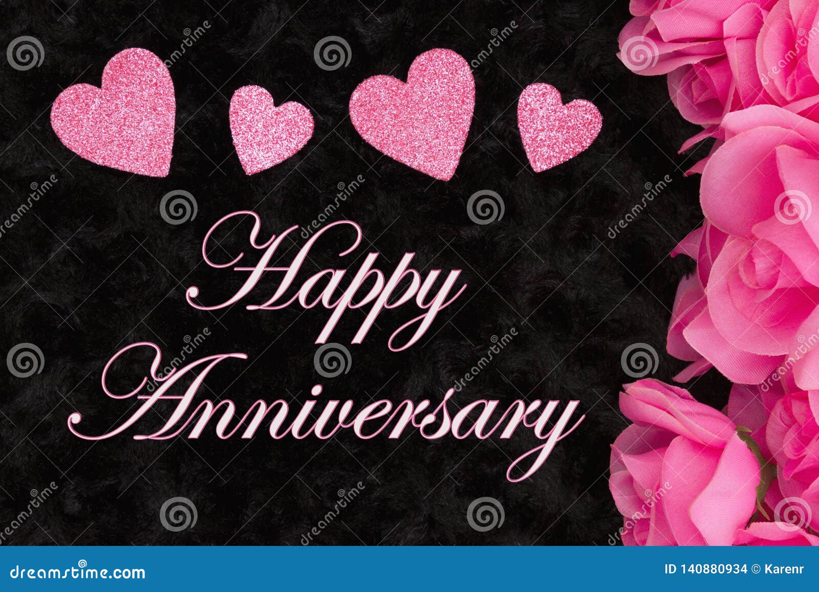Happy Anniversary Greeting with Pink Roses Stock Photo - Image of ...