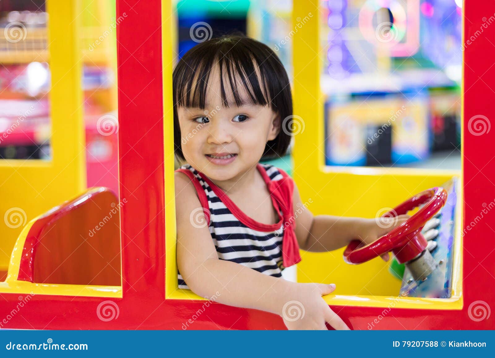 Happy Asian Chinese Little Girl Driving Toy Bus Stock Photo Ima