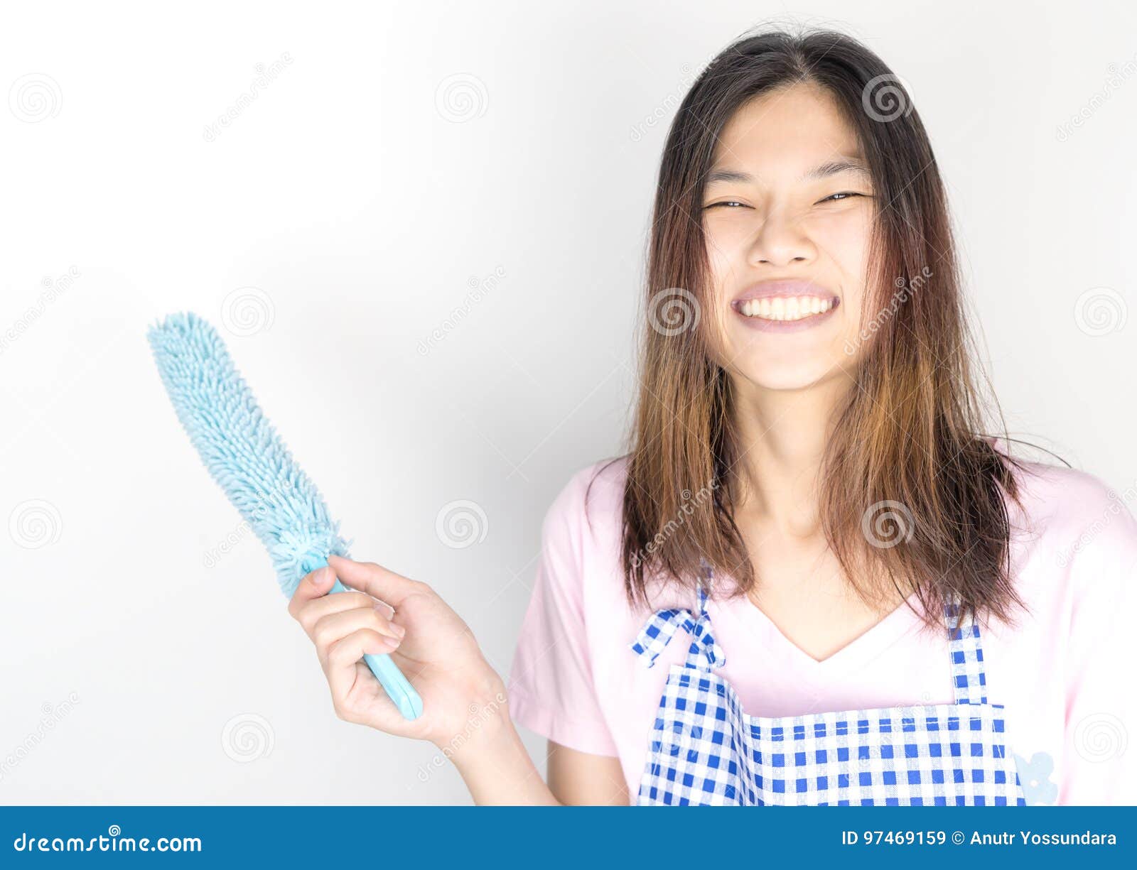 Happy Asian Cleaner Holding Dust Cleaner Stock Image Image of