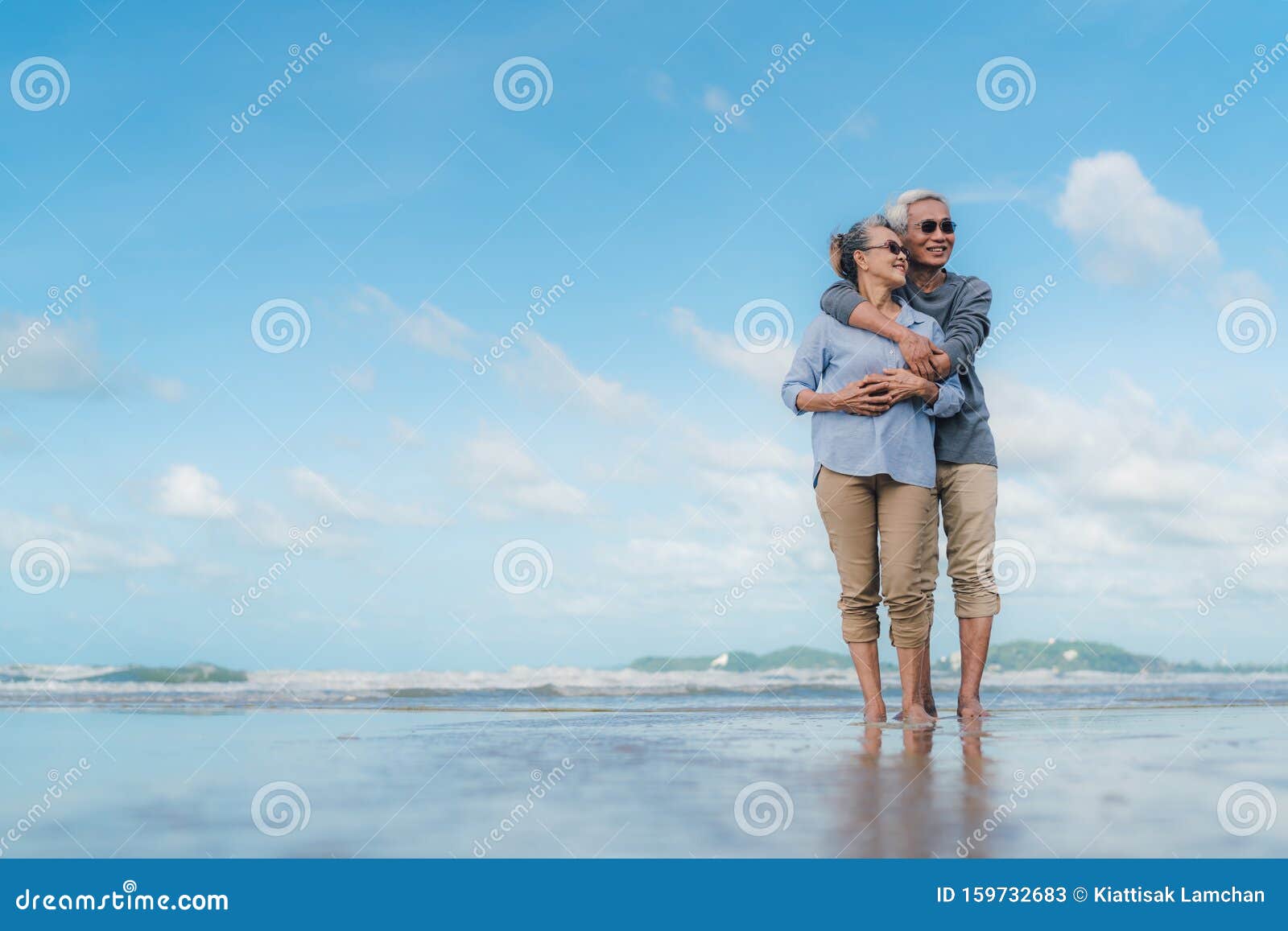 Happy Asian Couple Senior Eldely Retirement Resting At Beach Honeymoon