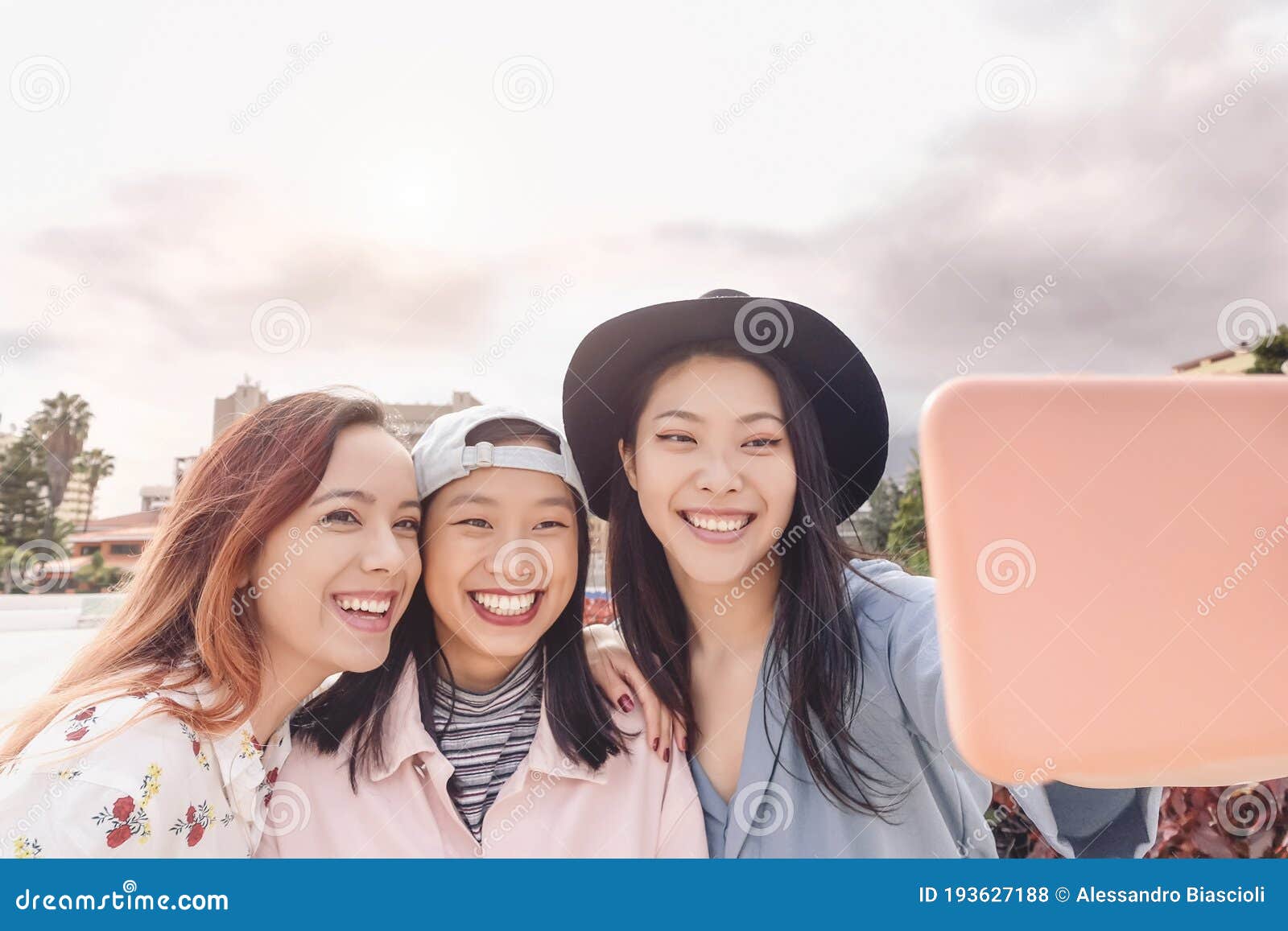 Happy Asian Girls Taking Selfie with Mobile Smartphone Outdoor - Young ...