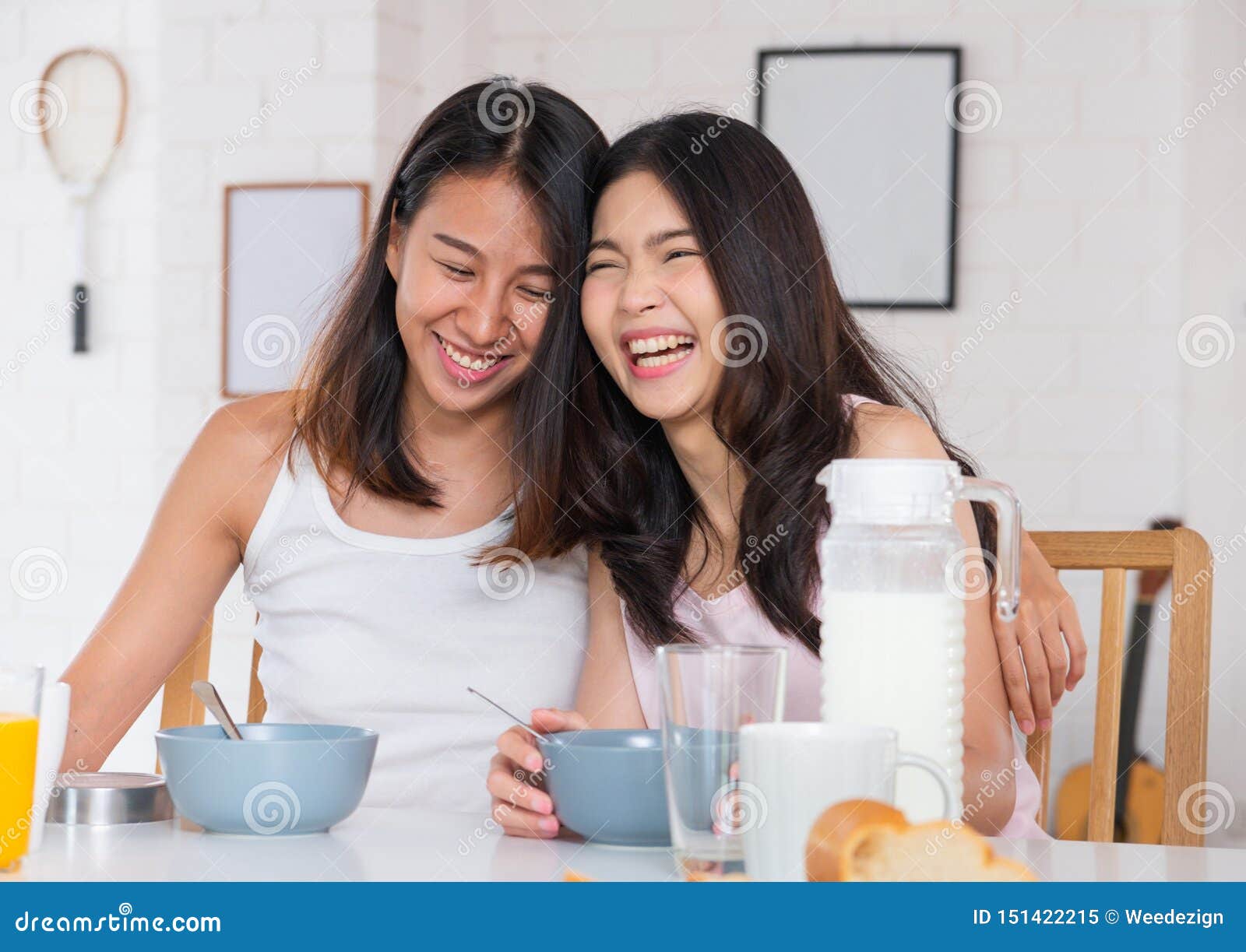 Happy Asian Lesbian Woman Couple Have Breakfast At House In Morning With Love And Tender Lgbtq