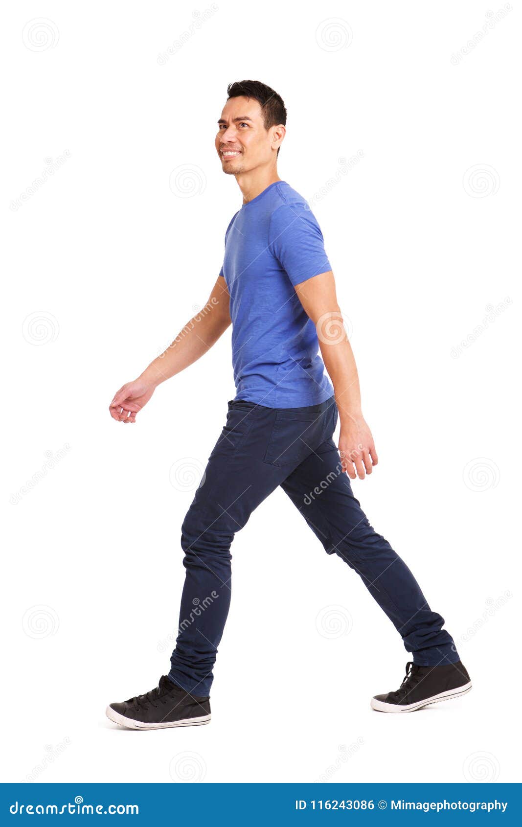 Happy Asian Man Walking Over White Stock Photo - Image of person, full ...