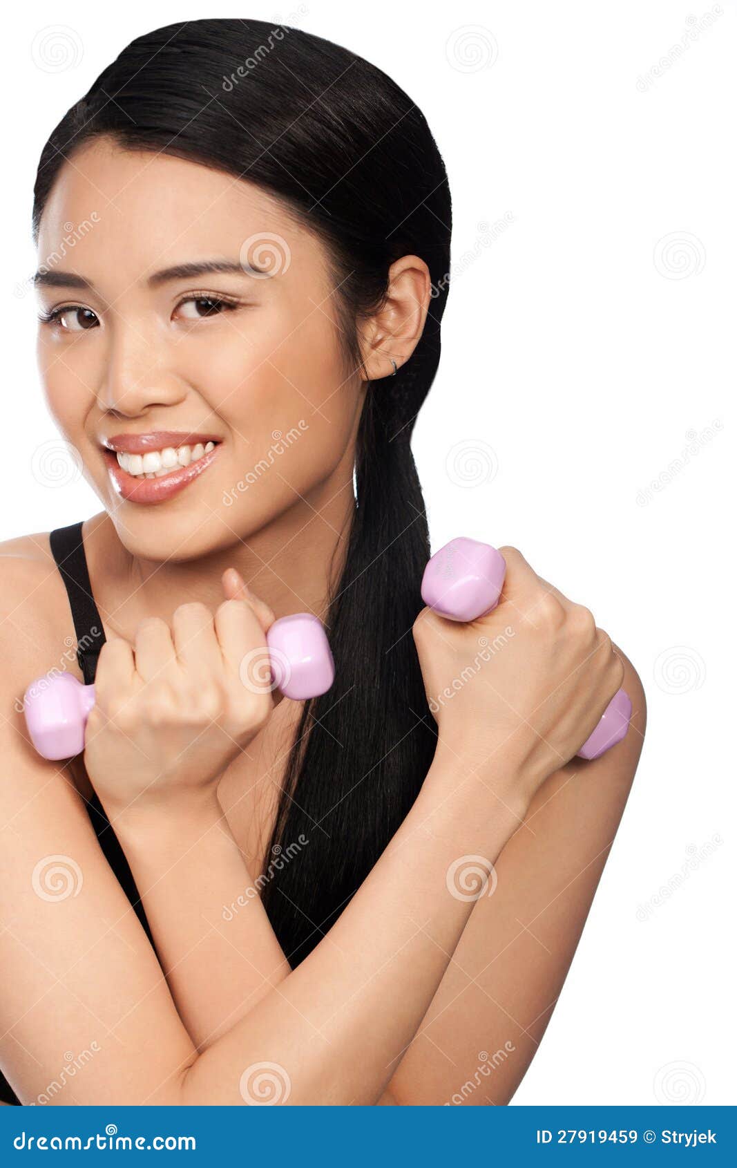 Happy Asian Woman Working Out With Dumbbells Royalty Free