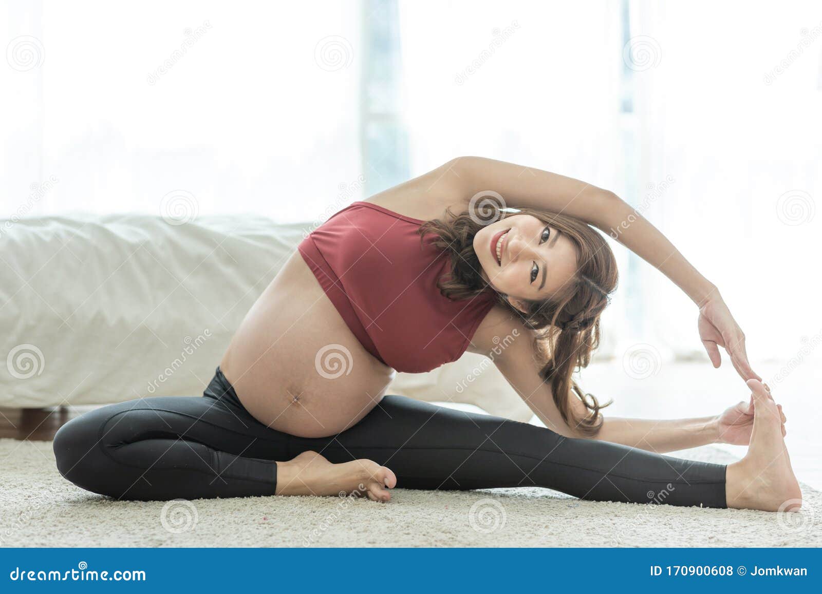 Happy Attractive Asian Pregnant Woman Practice Yoga Side Stret