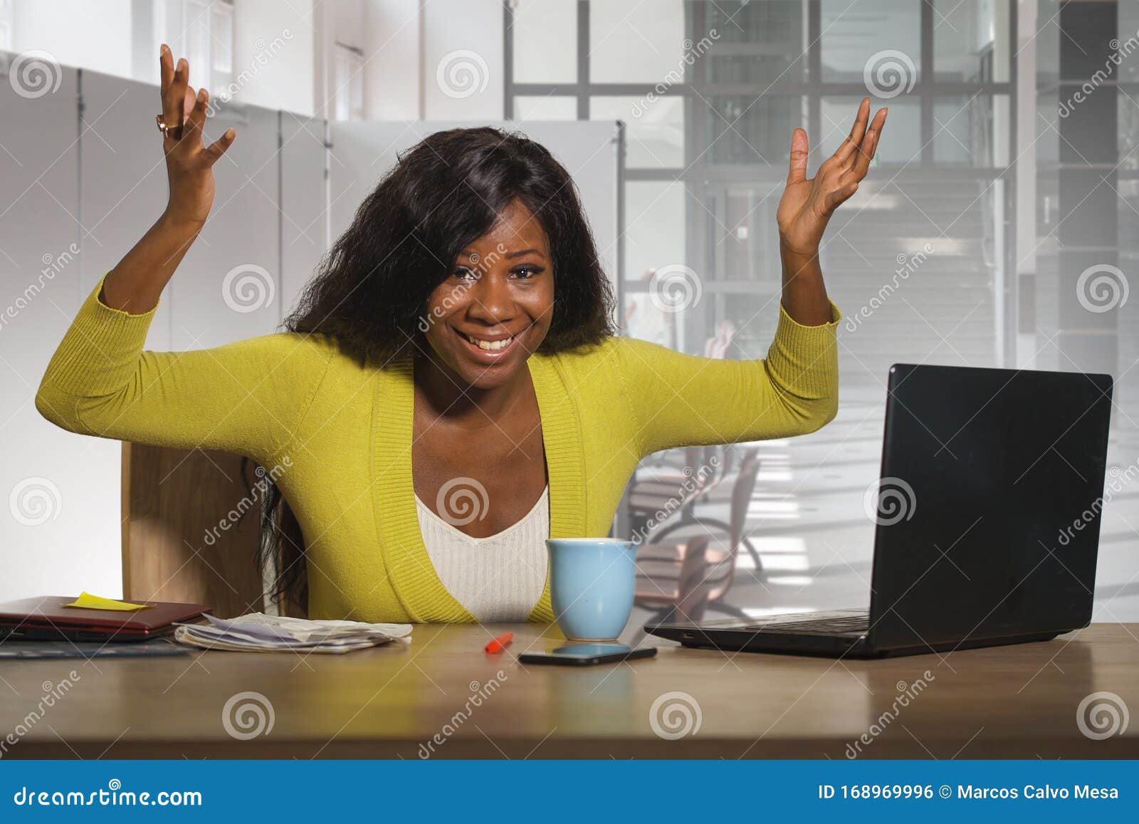 Happy And Attractive Black Afro American Business Woman Smiling Confident Working At Office