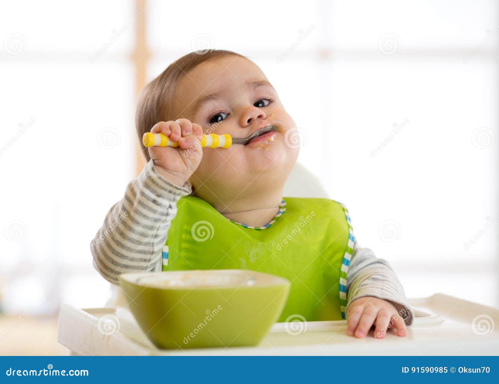 Happy Baby Boy Spoon Eats Itself Stock Image Image of infant