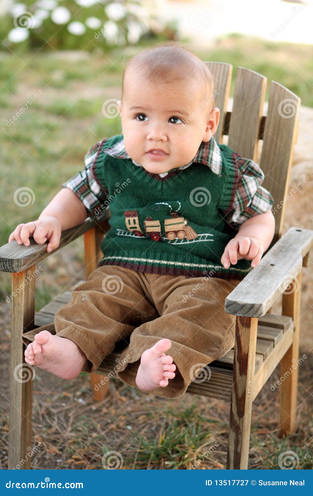 Happy Baby Boy On Wood Lawn Chair Stock Image Image Of Chunky