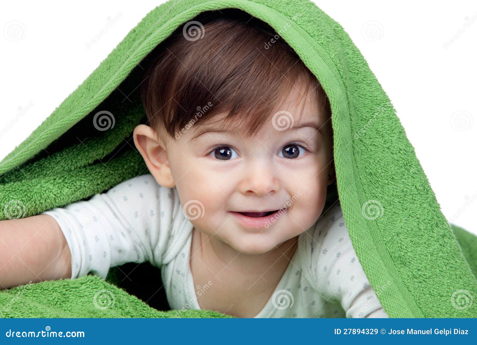 Happy Baby Covered with a Green Towel Stock Image Image of healthy