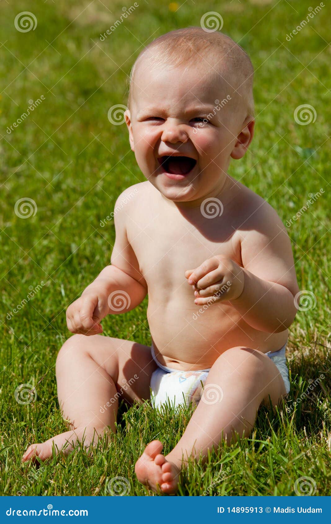 Happy Baby in Diapers Sitting on Grass Stock Image Image of landscape