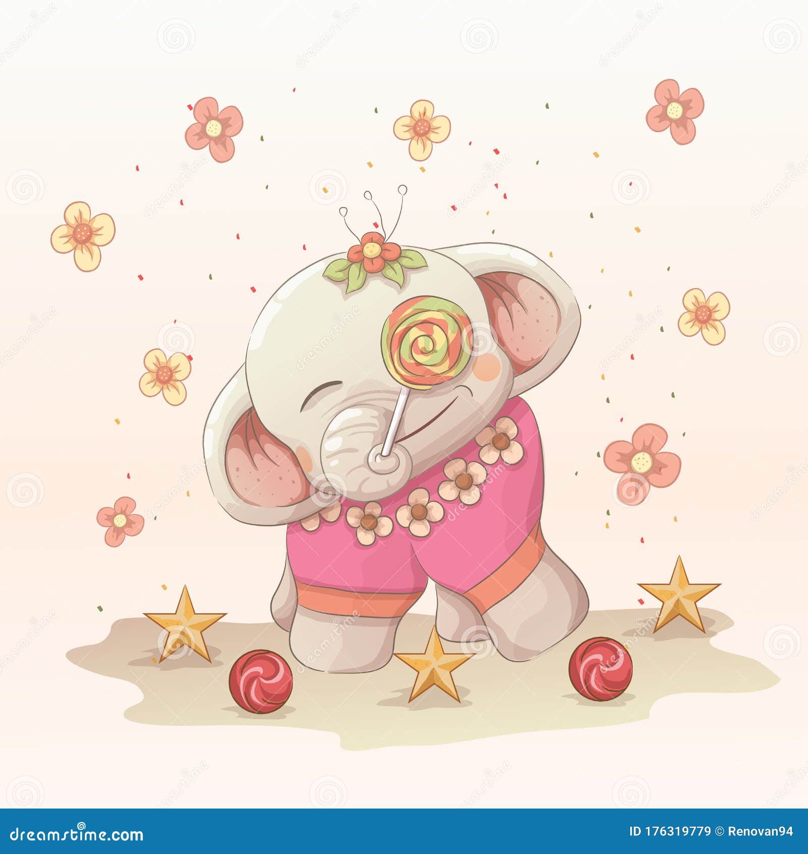 happy baby elephant enjoy the lollipop.  hand drawn art style