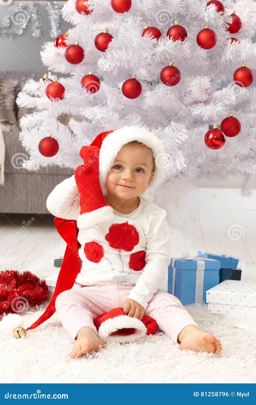 Happy Baby Girl at Christmas Time Stock Photo - Image of decorated ...