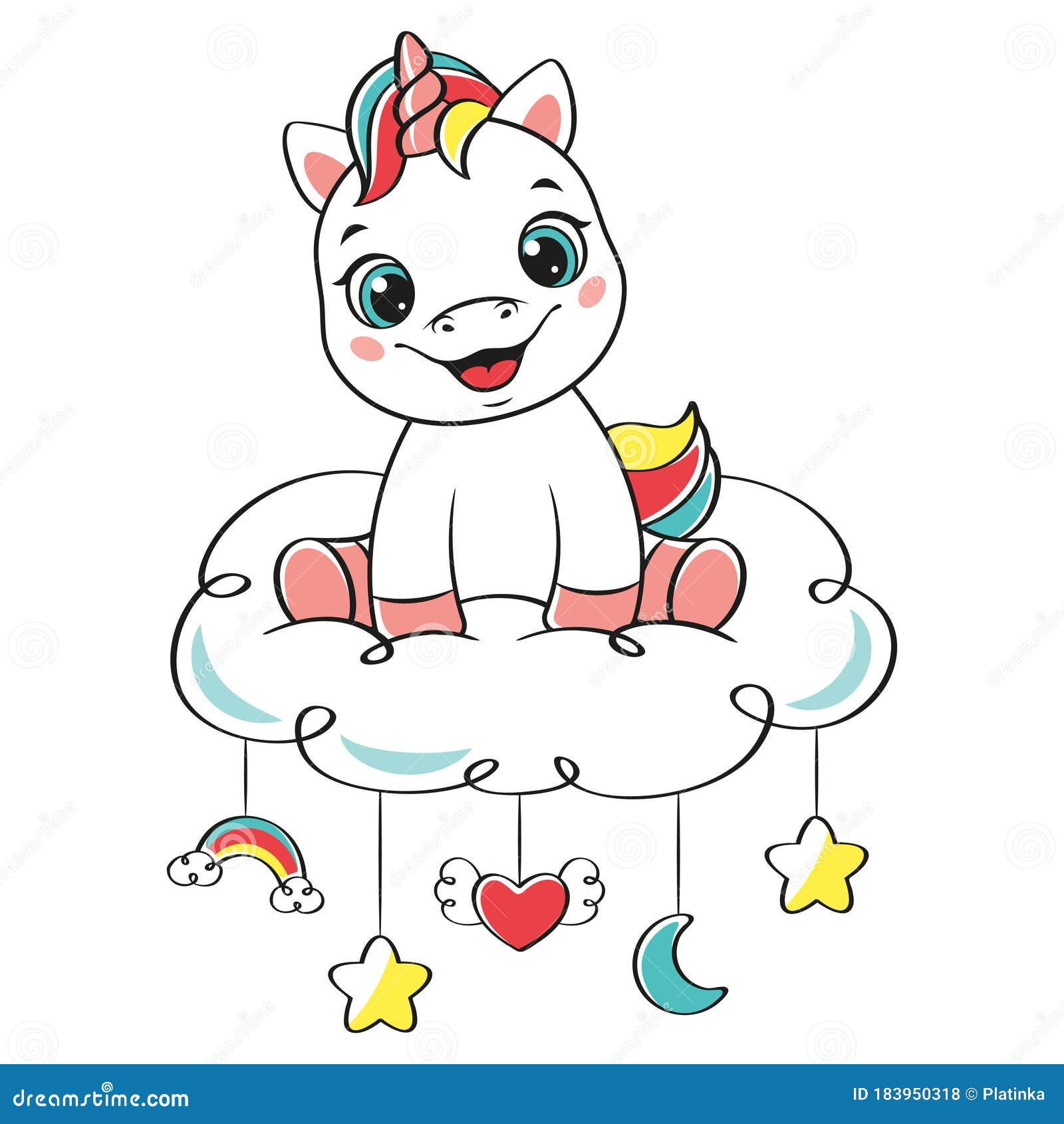 Happy Baby Unicorn Sitting On Cloud Stock Vector Illustration Of Sitting Unicorn 183950318