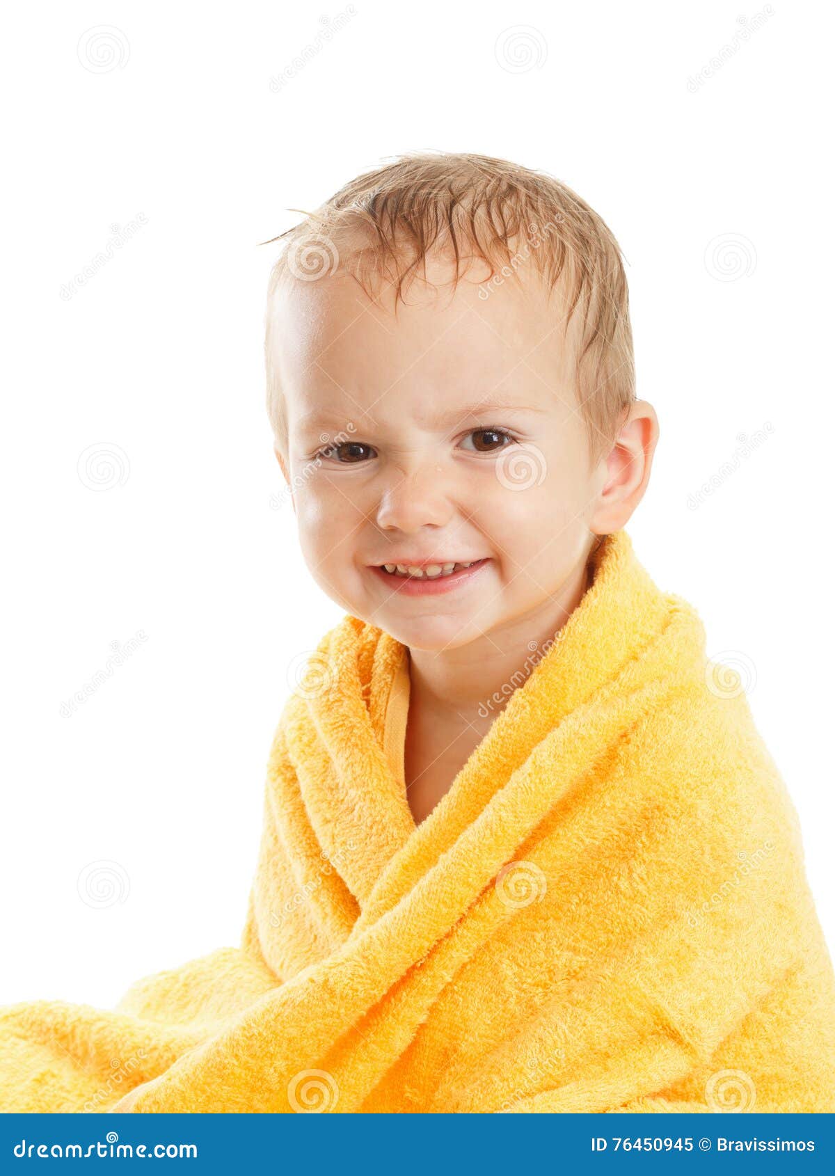 Happy Baby Wearing Yellow Towel Sitting after Bath or Shower. Stock ...
