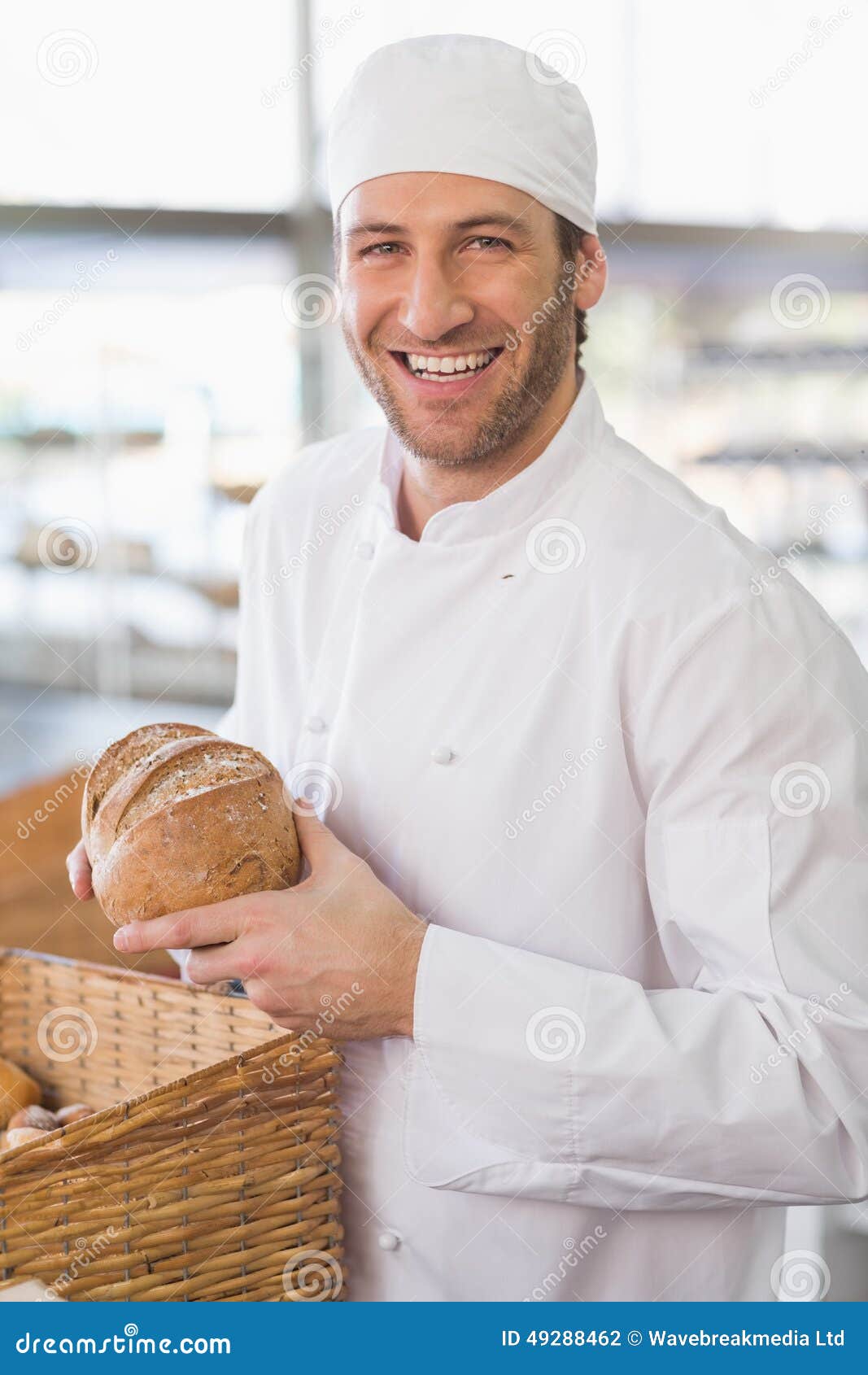Happy Baker with Loaf of Bread Stock Photo Image of bakery, roll