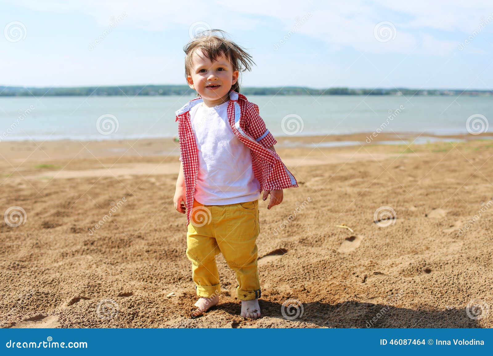 Happy Barefoot Baby Walking on Riverside Stock Photo Image of person