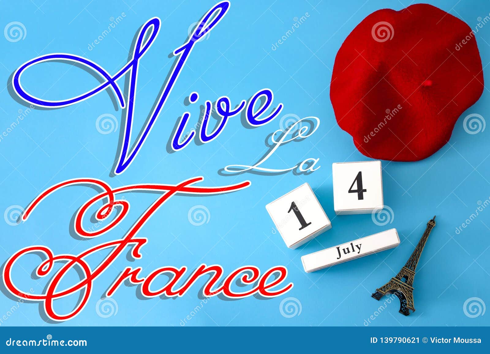 happy bastille day, long live france and french national day concept with a flat lay image of red beret, a block calendar set on