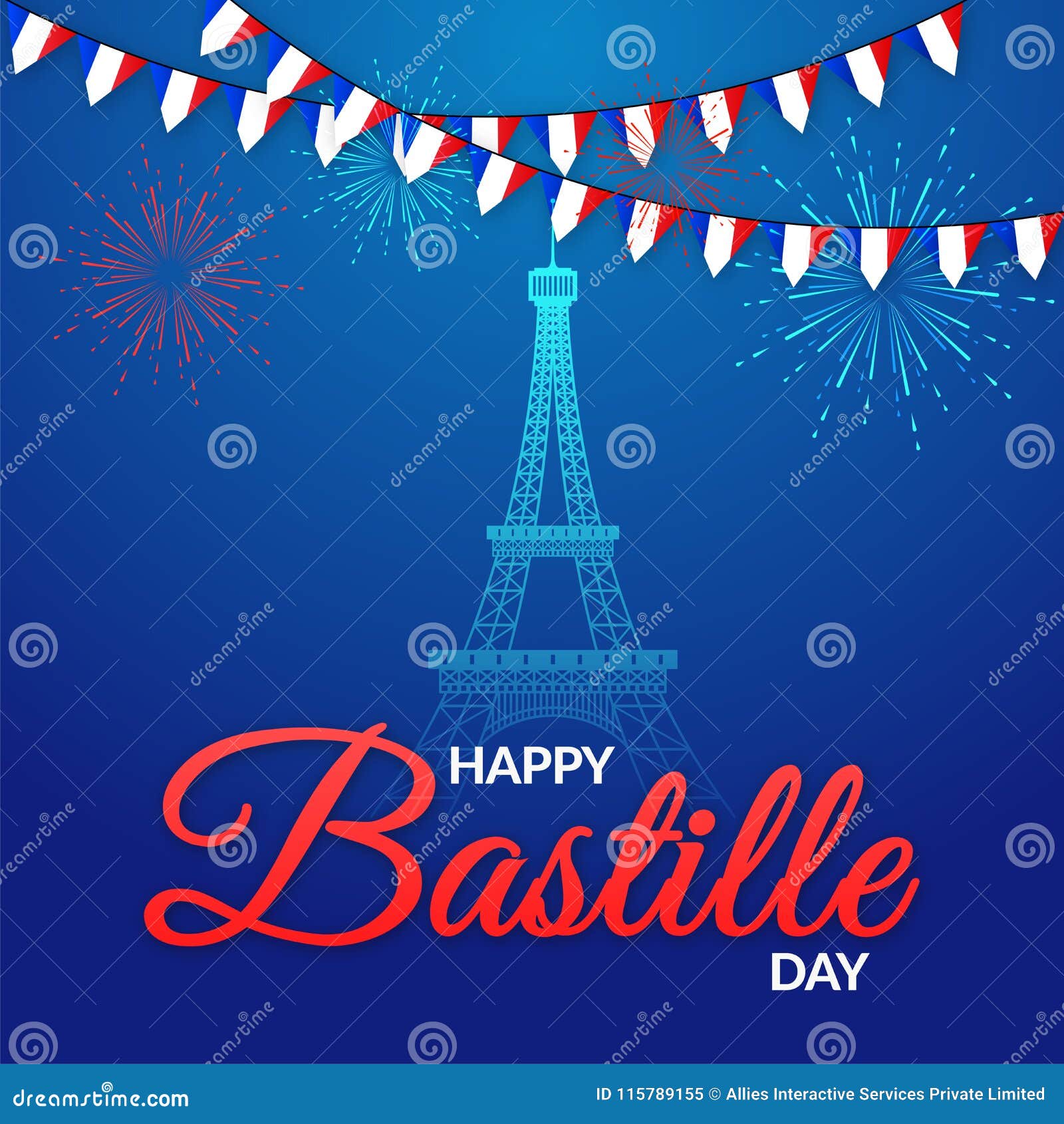 happy bastille day with shiny eiffel tower and firework decorated temp