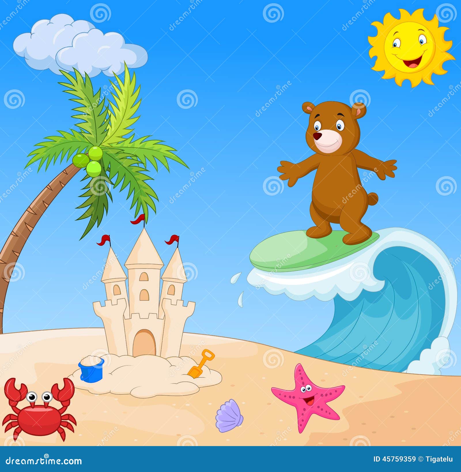 Illustration of Happy bear cartoon surfing