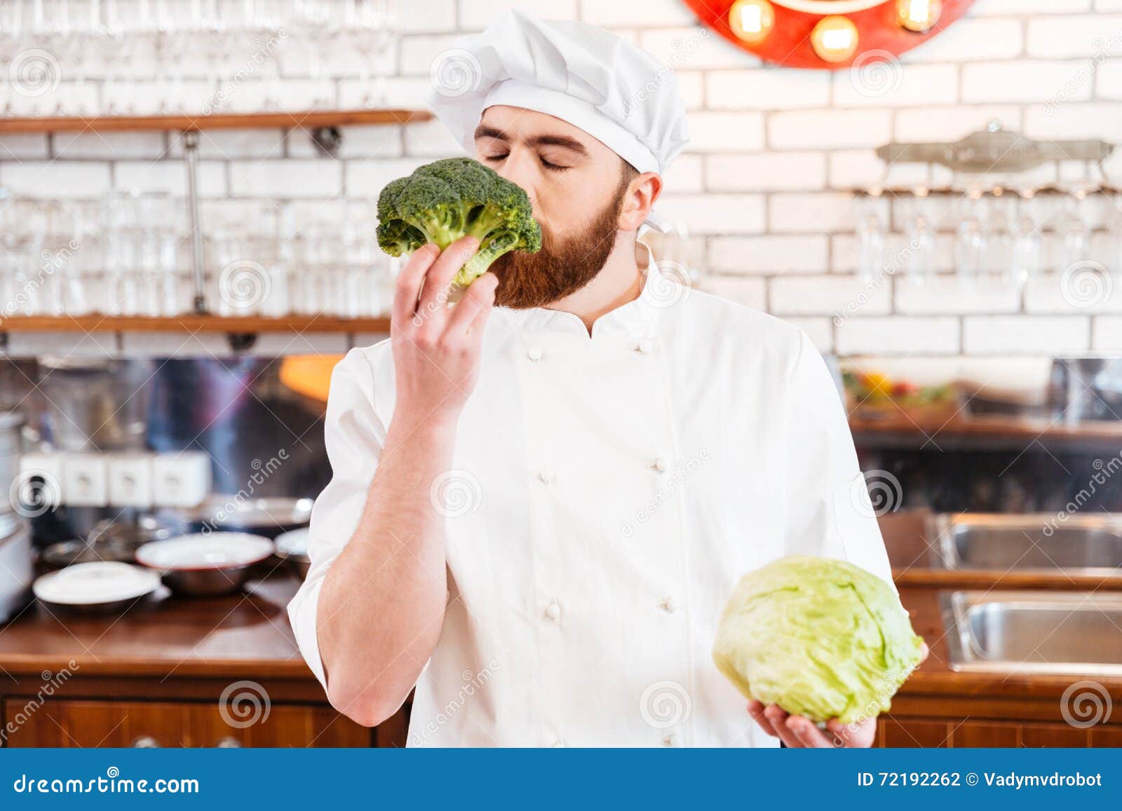 Happy Bearded Chef Cook Smelling Fresh Broccoli Stock Photo Image of