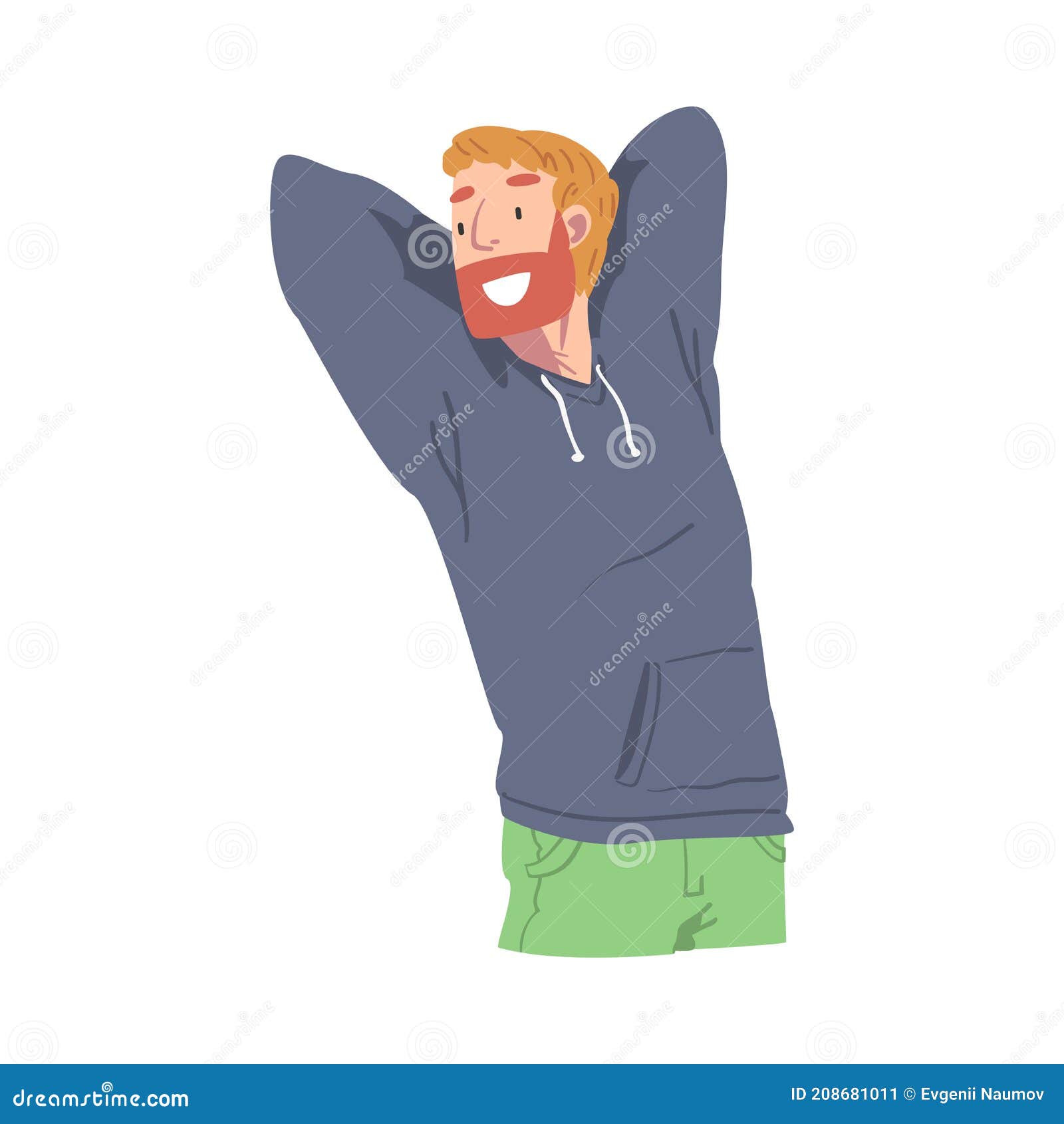 Happy Bearded Male Character With Arms Behind Head Smiling With Joy And Excitement Vector