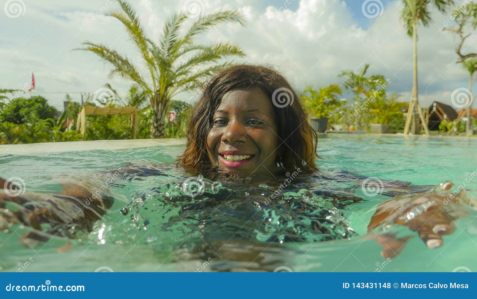 Happy And Beautiful Black African American Woman In Bikini Having Fun At Tropical Beach Resort
