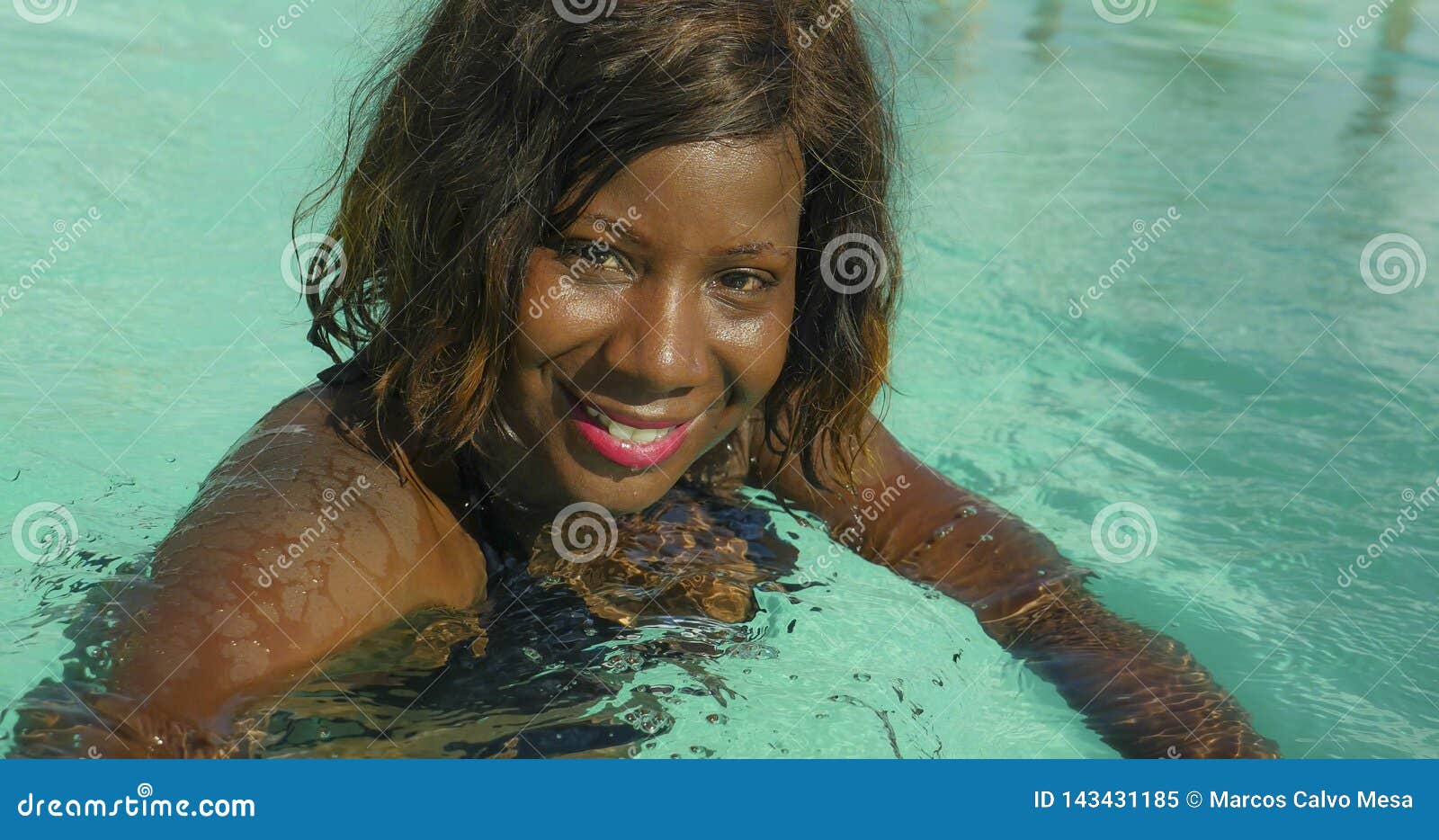 Happy And Beautiful Black African American Woman In Bikini Having Fun At Tropical Beach Resort