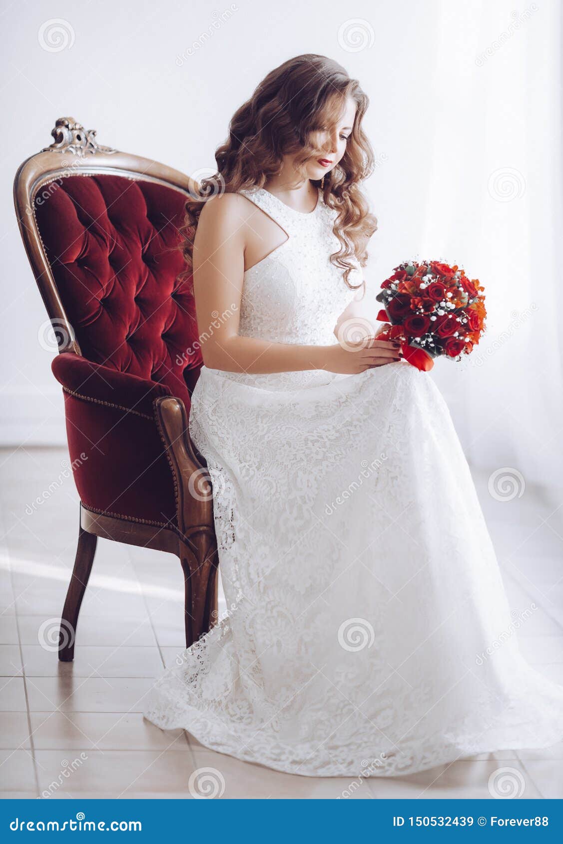 Happy Beautiful Bride in White Dress with Red Roses Stock Image - Image of close, handsome