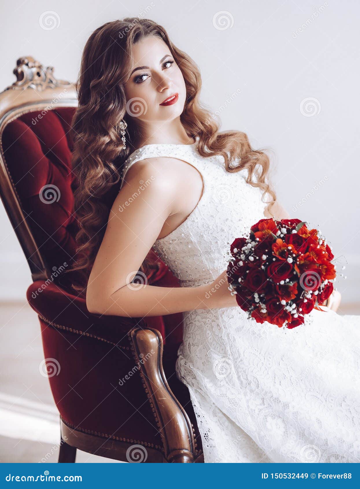 Happy Beautiful Bride in White Dress with Red Roses Stock Image - Image ...