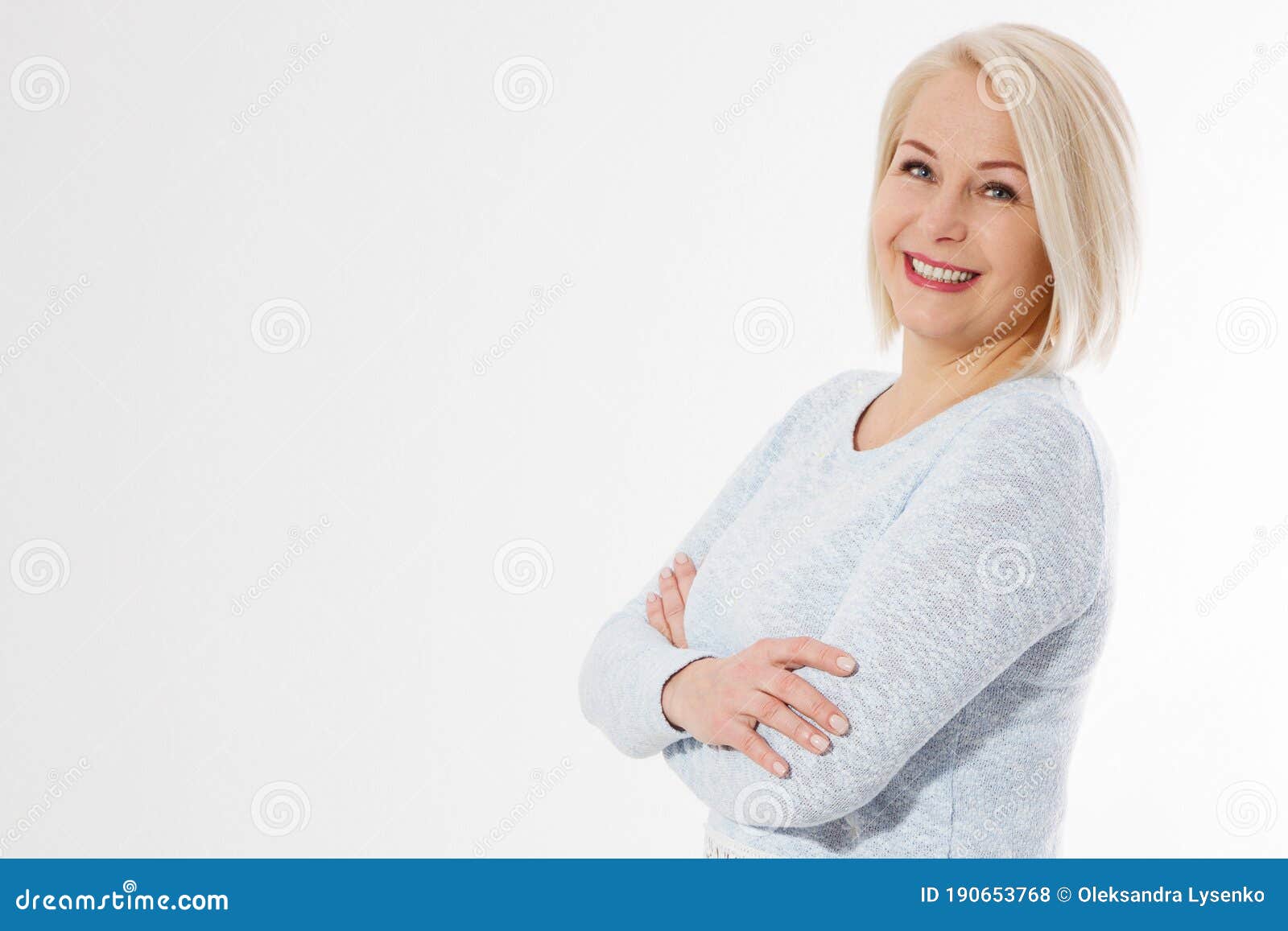 happy beautiful close up portrait middle age blonde woman. mid aged healthy female  on white background with copy space.