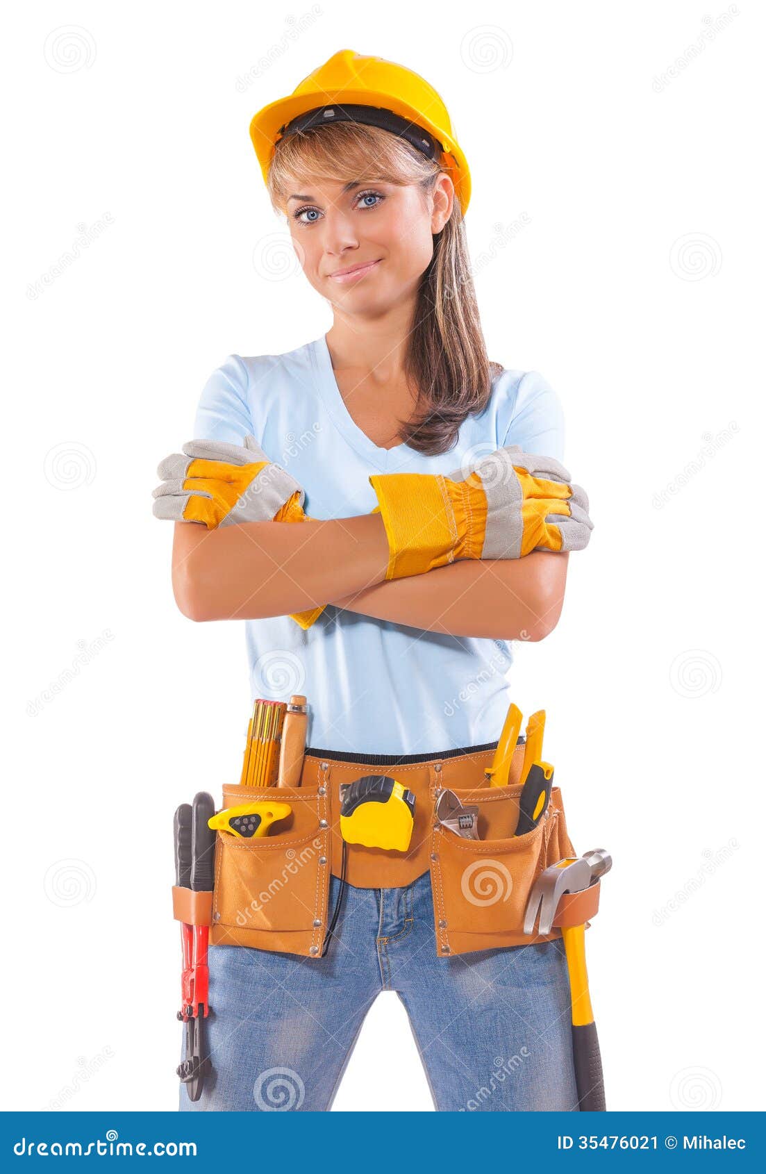 Happy Beautiful Female Construction Worker Isolated On