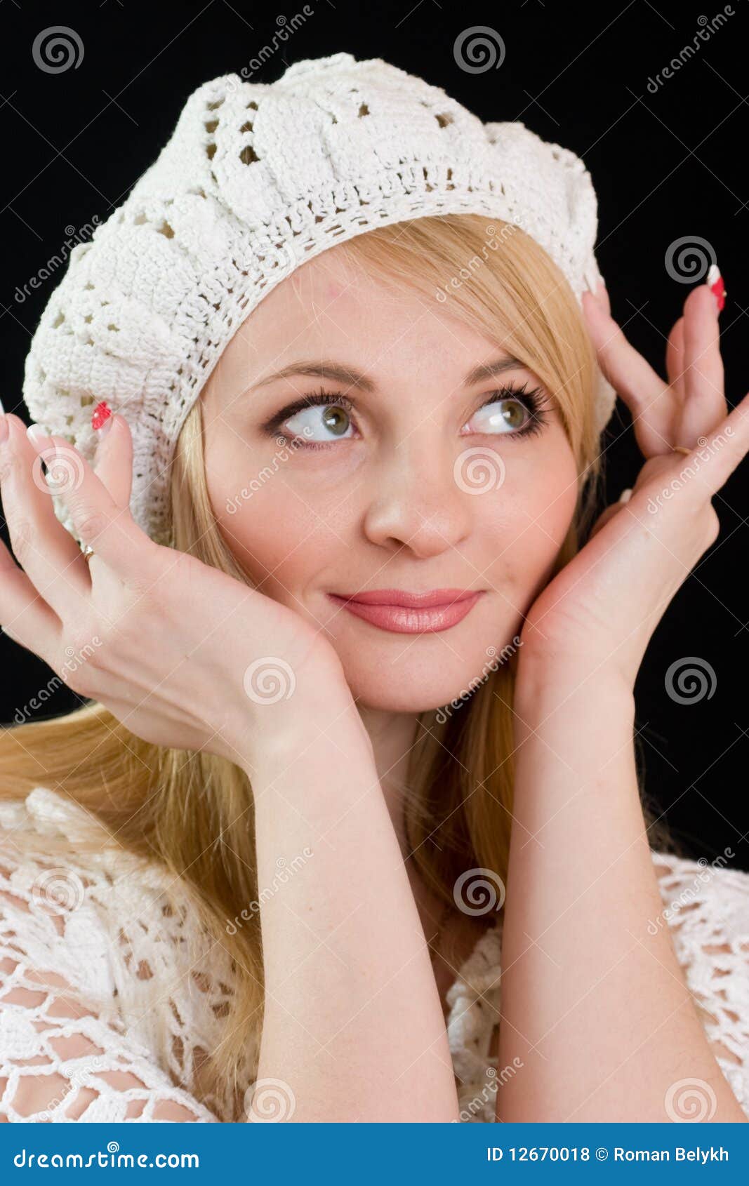 Happy Beautiful Girl in White Beret. Stock Photo Image of young