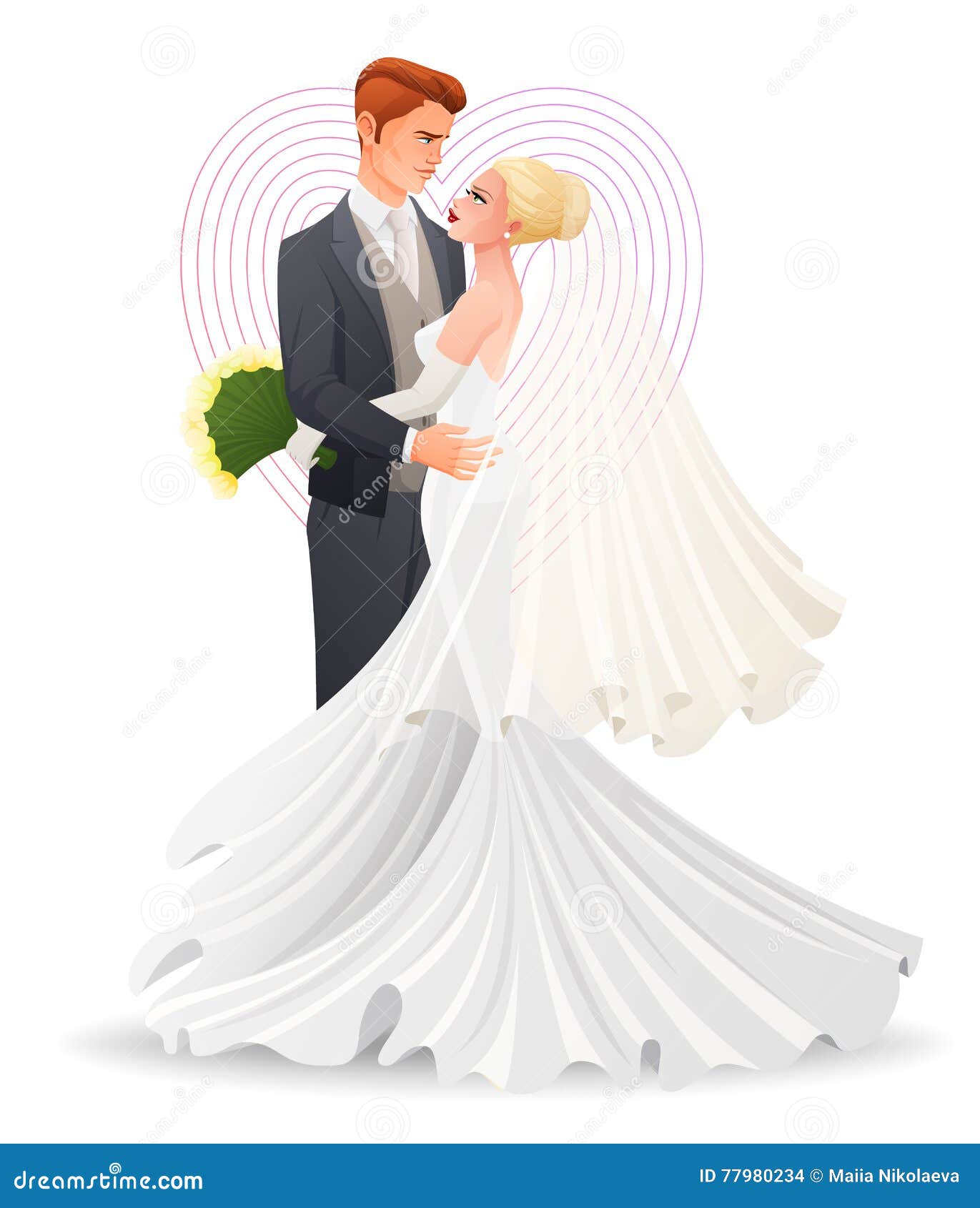 Happy Beautiful Hugging Couple in Love. Traditional Wedding Cartoon Vector  Illustration. Stock Vector - Illustration of elegance, dance: 77980234