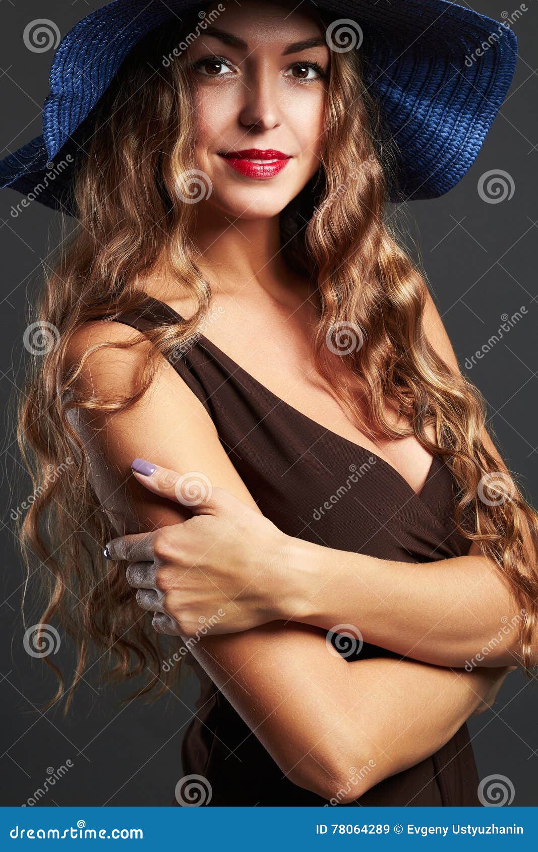 Happy Beautiful Woman In Hat. Fashion Beauty Smiling Girl Stock Photo 