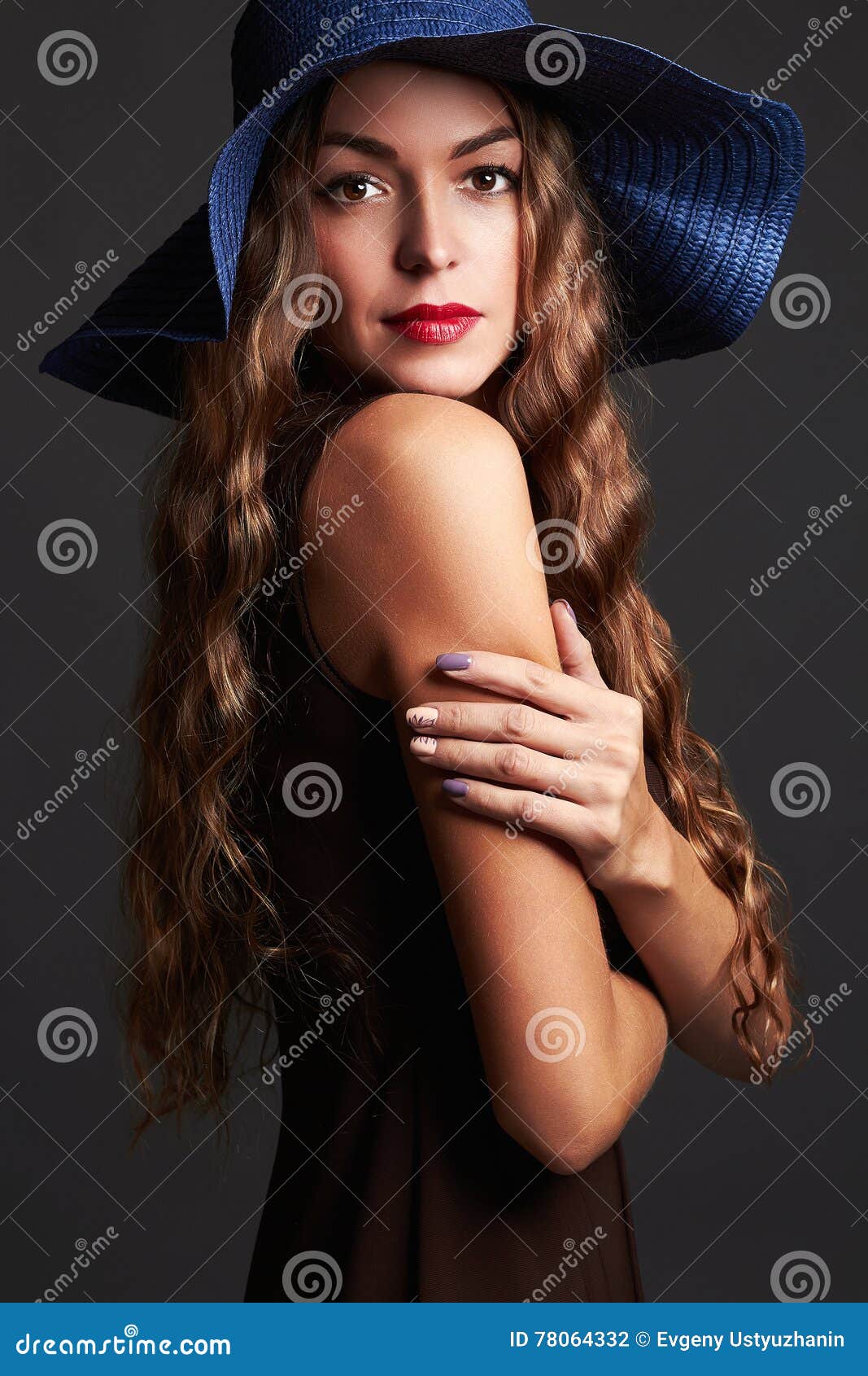 Happy Beautiful Woman In Hat. Fashion Beauty Smiling Girl Stock Photo 