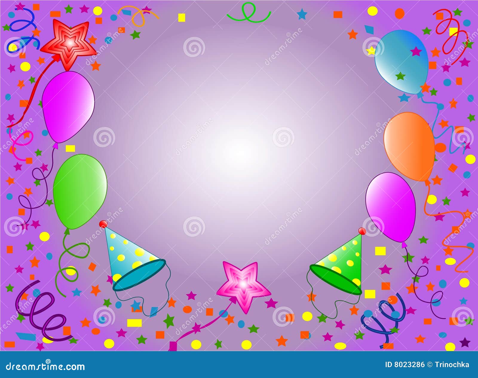 Colorful birthday balloons with gift boxes, party hats and confetti ...