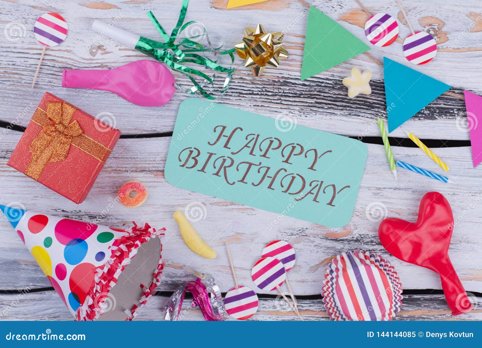 Happy Birthday Background with Colorful Party Supplies. Stock Image ...