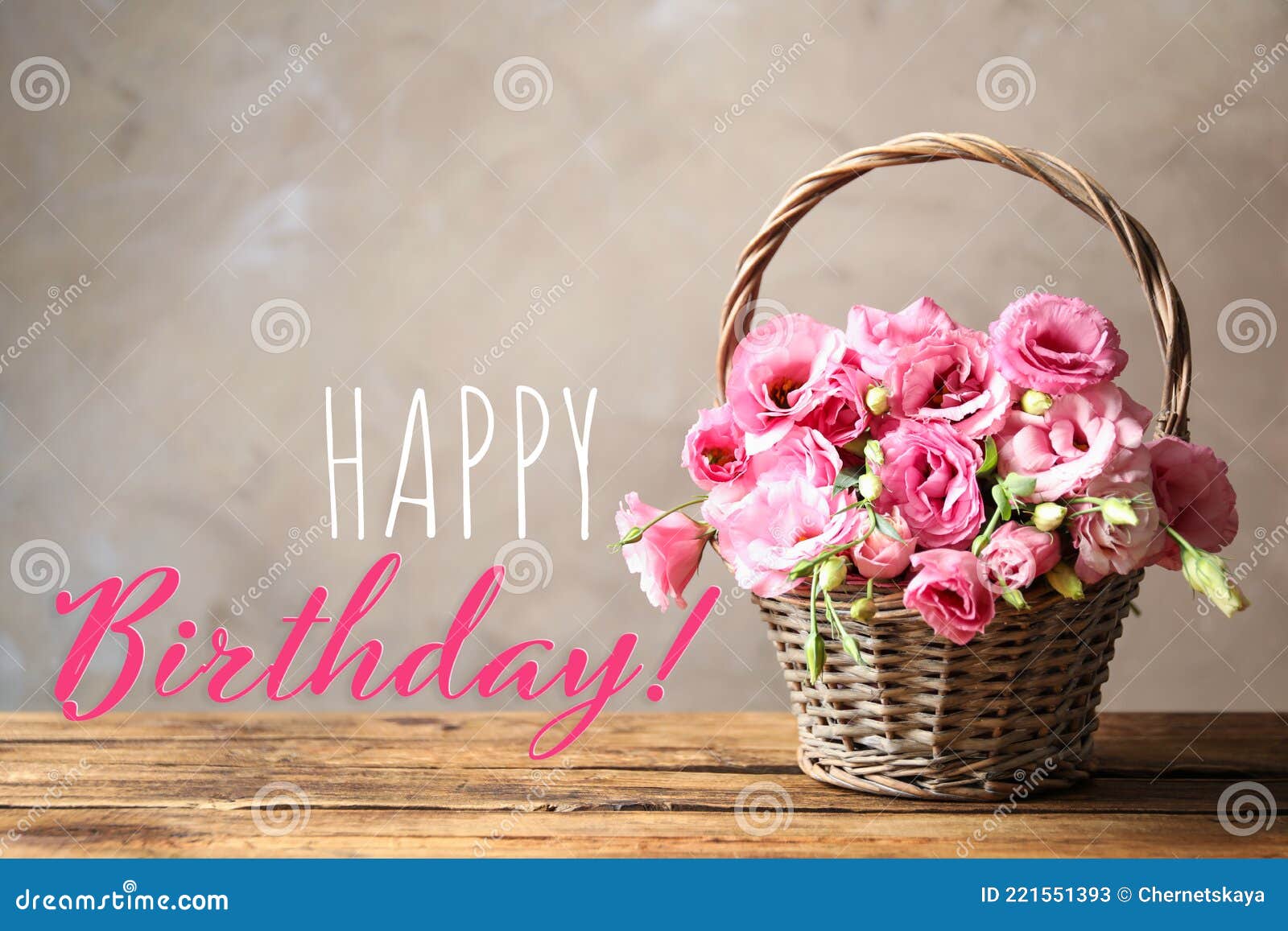 Happy Birthday! Beautiful Pink Eustoma Flowers in Wicker Basket on ...