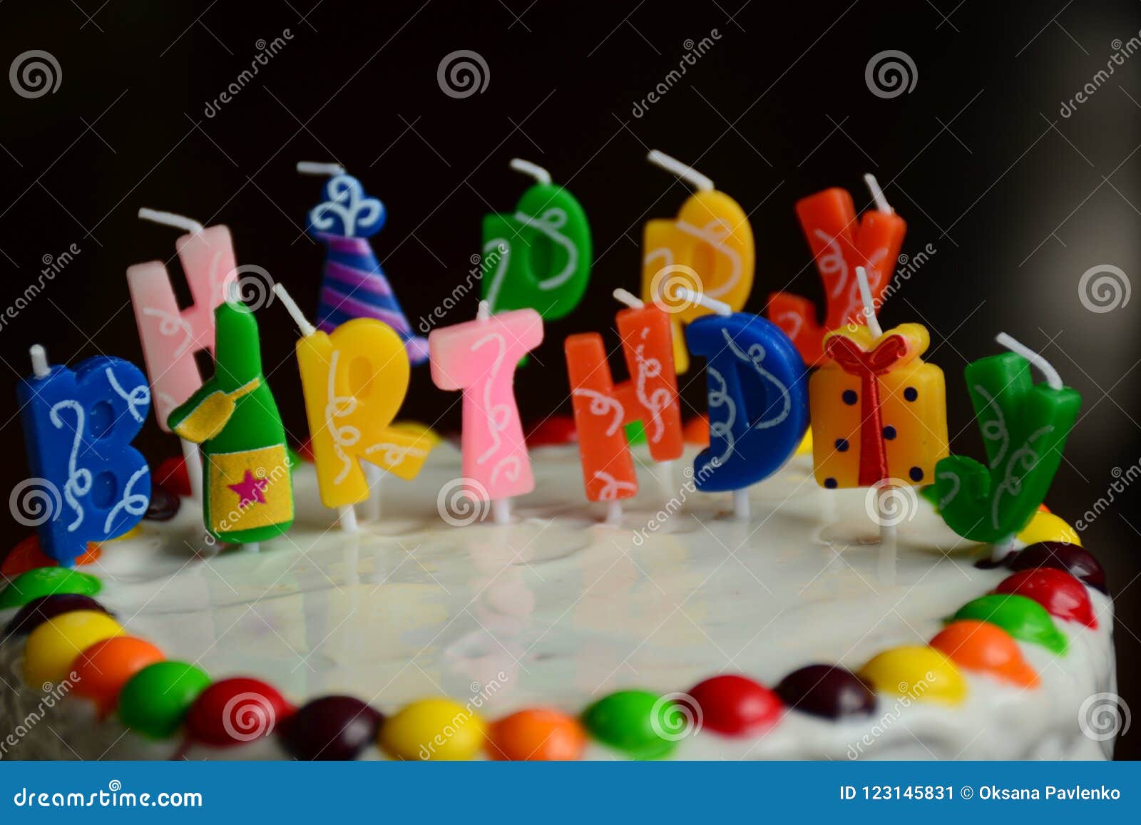Happy Birthday Cake with Candles on Black Background Stock Image
