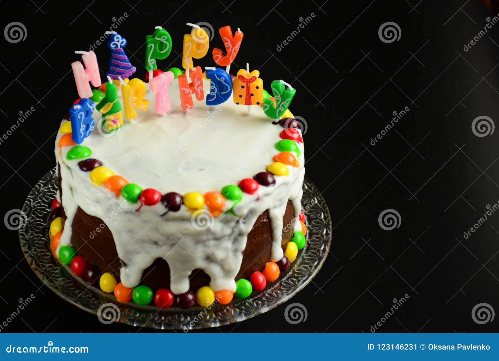 Happy Birthday Cake with Candles on Black Background Stock Image - Image of  cream, birthday: 123146231