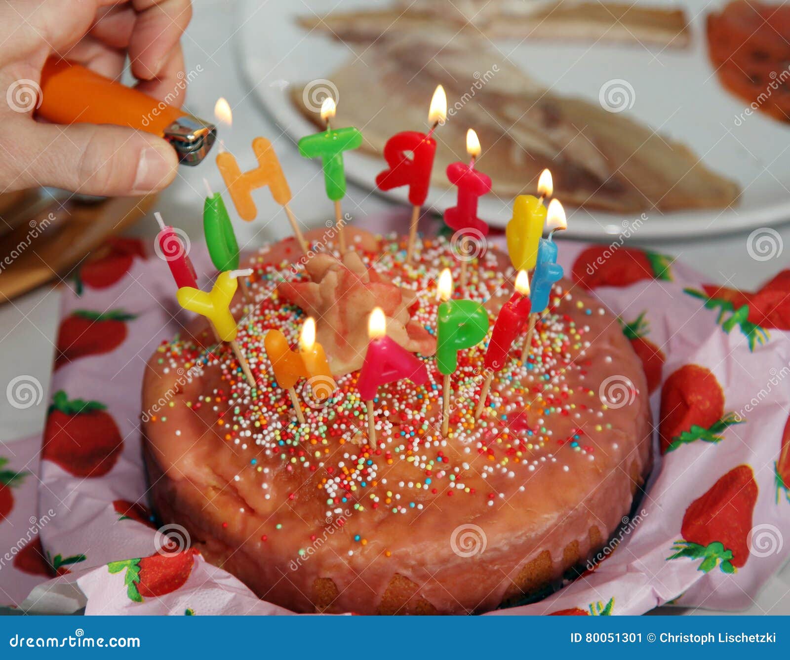 Happy Birthday Cake with Letters Candles with Fire Stock Image - Image of  anniversary, celebrate: 259548229