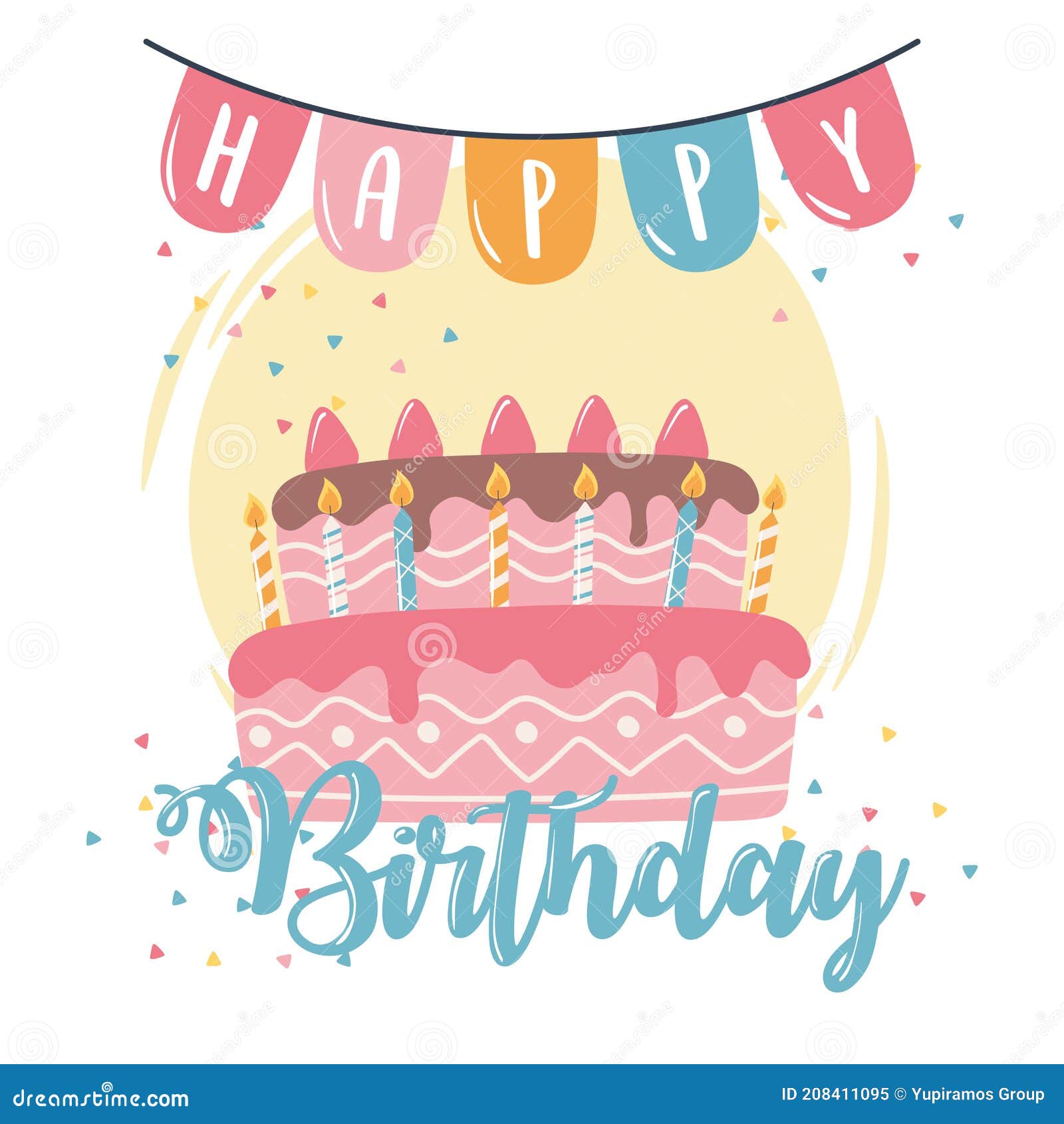 Happy Birthday Cake Candles and Pennants Celebration Party Cartoon ...