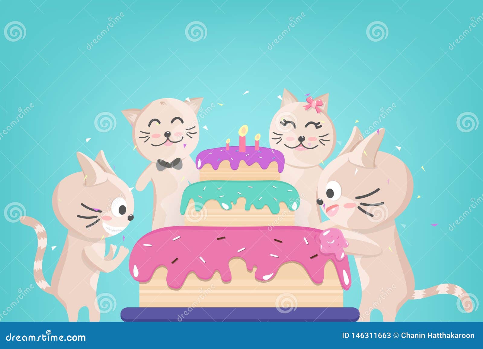 Happy Birthday Cake, Cute Kitten Family Celebration, Confetti Falling for  Party, Adorable Animal, Cat Cartoon Characters Stock Vector - Illustration  of bakery, candle: 146311663