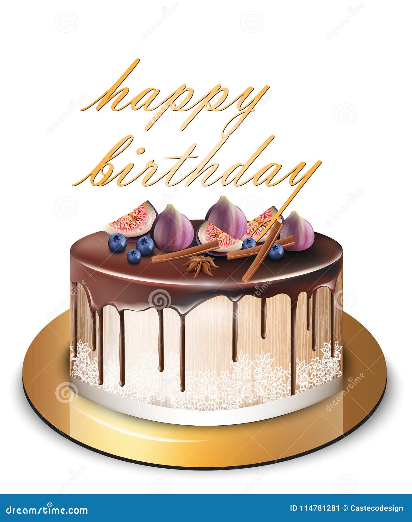 Happy Birthday Modern Cake with Fig Fruits Vector. Delicious ...