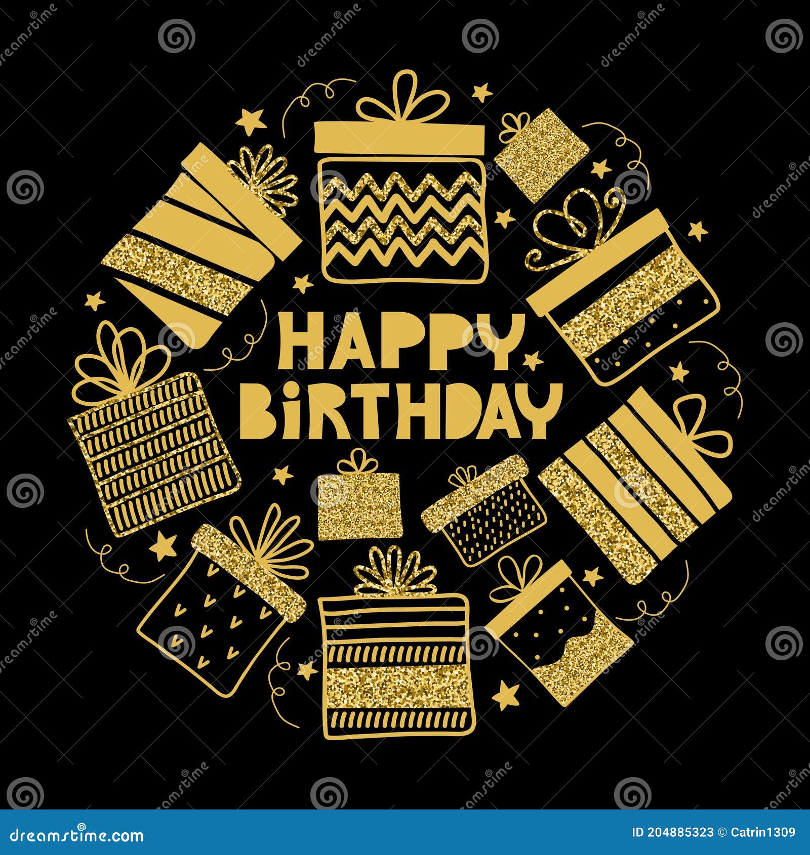 Happy Birthday Card or Banner with a Greeting Text. Gold Gift Boxes with  Glitter on a Black Background Stock Vector - Illustration of doodle, gold:  204885323